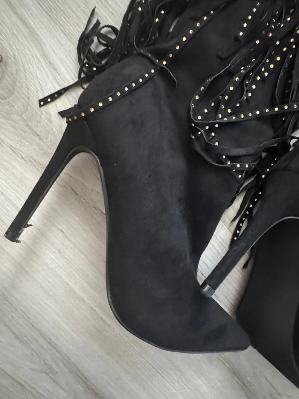 Cape Robbin Black Fringe Over-the-Knee Stiletto Boots with Gold Studs
